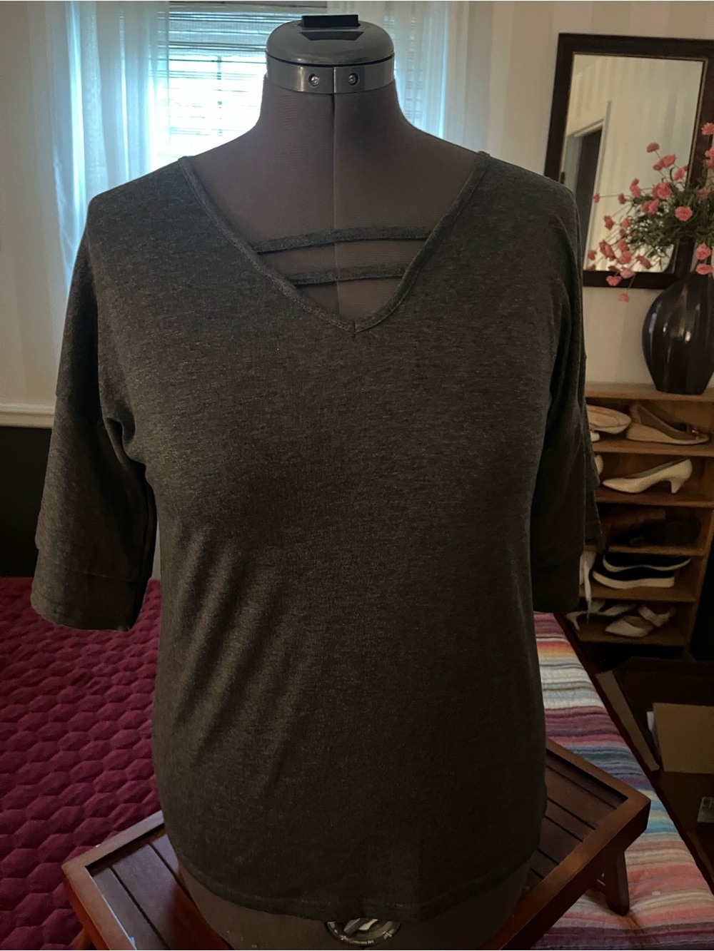 Womens Charcoal V-Neck Short Sleeve Top with Ladder Detail